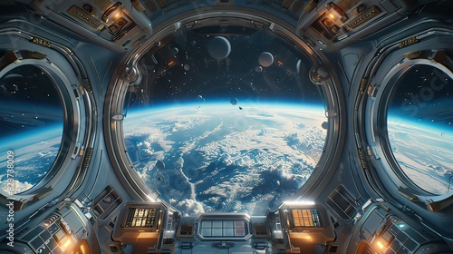 Passengers on a spacecraft enjoying the view of Earth, futuristic space tourism setting, selective focus, viewing Earth from space, surreal, composite, spacecraft interior backdrop