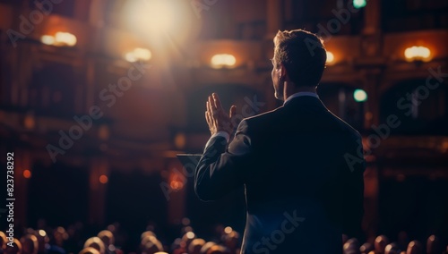 Authoritative male executive delivering a speech, commanding attention with a powerful presence