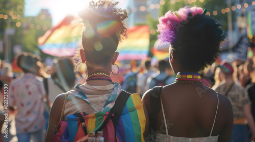 Two women with rainbow hair. LBGTQ people pride symbol
