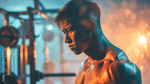 Muscular young man engaged in working out at the gym. The confident bodybuilder is seen training with weights in a sports club, embodying the essence of bodybuilding. The image shows exercise equipmen