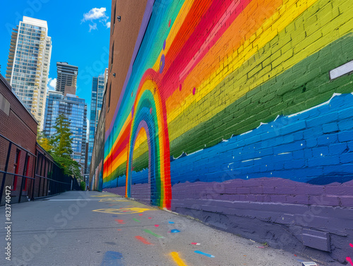 A rainbow painted on a brick wall. LBGTQ people pride symbol