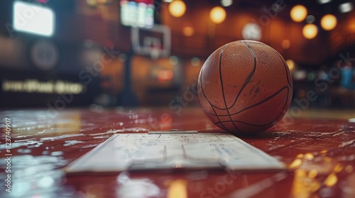 Basketball on the floor of a basketball court with a blurred background of a basketball arena.