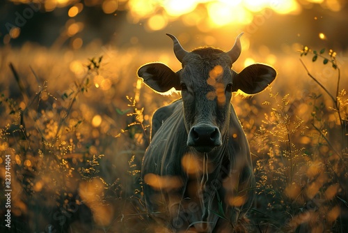 An ox standing behind a field and in front of a light