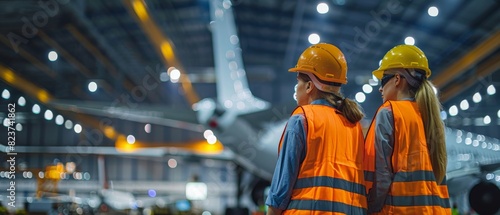 Two industrial workers in hardhats and safety vests looking at the production line in the factory