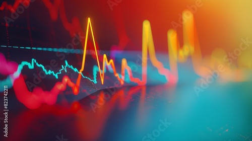 Downwardtrending line graph on a vibrant, modern background, economic downturn, stock photo, clean design