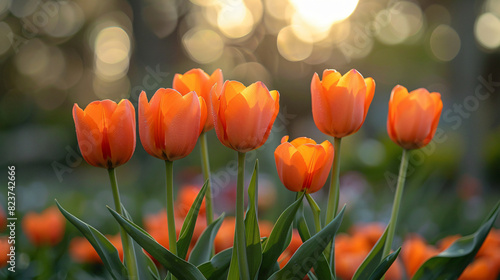 A flower bed filled with golden orange tulips