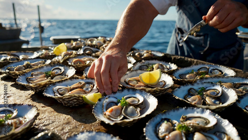 Oysters and Mollusks/ Nature’s Culinary Gems/ Dive into the underwater world where fresh shell raw mollusks and sea oysters are sourced