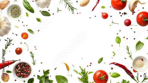 Fresh variety vegetables, spices and herbs frame on white background 