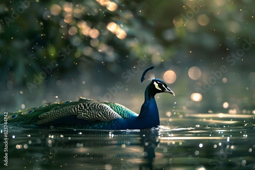 a peacock swims in a deep river