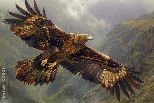 Featuring a eagle in a rocky world with green mountains full photo