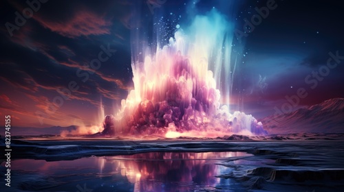 A digitally created surreal scene with a massive cosmic explosion erupting over an icy, watery landscape under a starry sky