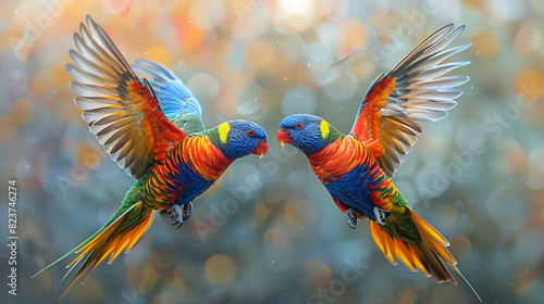 A pair of Rainbow Lorikeets that have flown