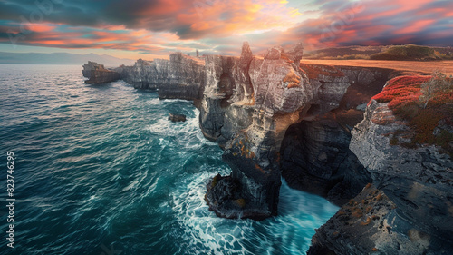 a rugged coastline with sea cliffs carved into fantastical shapes by centuries of erosion
