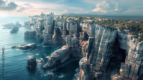 a rugged coastline with sea cliffs carved into fantastical shapes by centuries of erosion