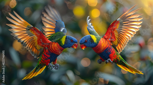 A pair of Rainbow Lorikeets that have flown