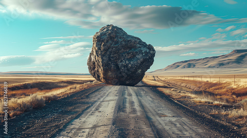 There is a large, uneven stone on the downtown road, effectively blocking the road.