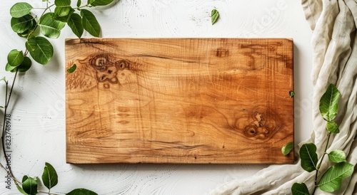 A rectangular wooden board with visible grain, resting on two linen napkins against a white background