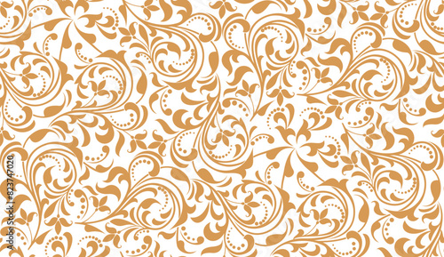 Flower pattern. Seamless white and golden ornament. Graphic vector background. Ornament for fabric, wallpaper, packaging