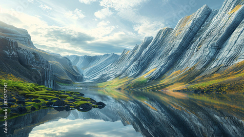 a scene of fault-block mountains with dramatic slopes and a tranquil, reflective lake