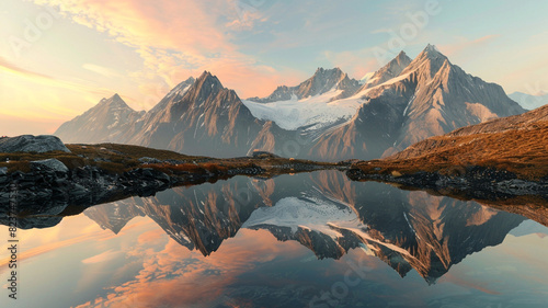 a scene of fold mountains reflecting in a tranquil alpine lake at dawn