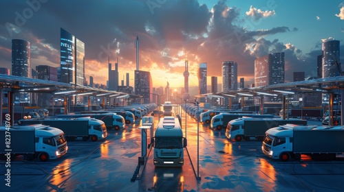 Sustainable Logistics: Electric Vehicle Fleet Charging at Solar Powered Station During Sunset, City Skyline Background