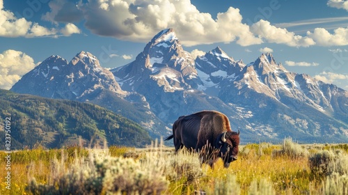 Mountain Wildlife. Bison in front of Grand Teton Range with Grass in Foreground