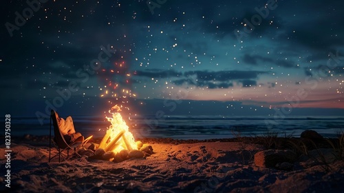 A beautiful summer night sky is ablaze with stars. A bonfire burns on the beach, and a person is sitting in a chair, enjoying the view. The waves are gently lapping at the shore.