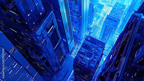 Futuristic Blue Cityscape with Glowing Skyscrapers and Vibrant Lighting in Financial District