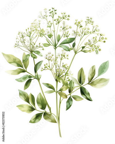 Scientific illustration of Coriandrum sativum, copy space, botanical study, ethereal, overlay, white background,