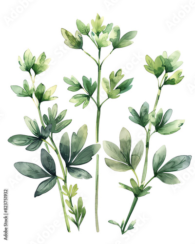 Scientific illustration of Coriandrum sativum, copy space, botanical study, ethereal, overlay, white background,