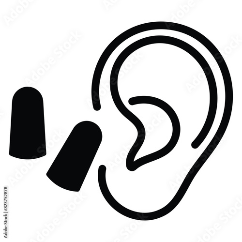 Ear with earplug vector icon. Ear plugs sign. Sleeping quality concept. Noise cancelling earplugs linear icon. Hearing protection.