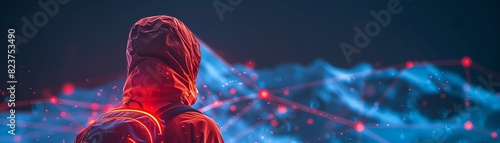 A mysterious figure in a red hooded jacket looks at a futuristic digital landscape with glowing blue and red lights, representing technology.