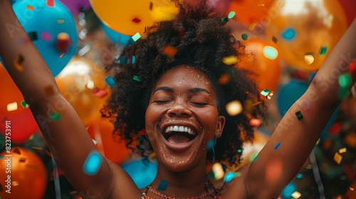 A joyful black girl celebrates amidst colorful balloons and party decorations, radiating happiness and excitement as she embraces the festive atmosphere.