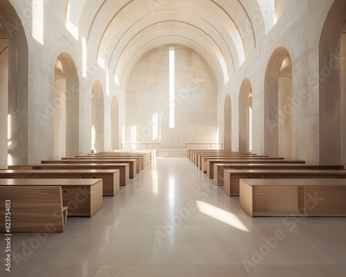 The interior of a modern church with white walls and arched windows