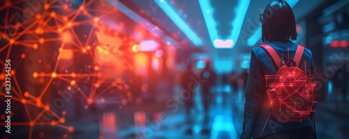 Person with a glowing backpack in a futuristic city environment with neon lights and digital network representation.