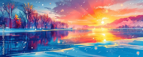 Stunning winter sunset over a serene river with snowflakes falling and vibrant colors reflecting in the water, creating a tranquil ambiance.