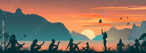 Silhouettes of people doing yoga poses against the background of a sunset,yoga day