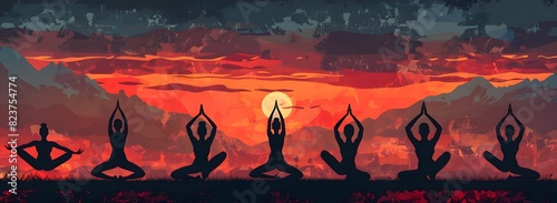 Silhouettes of people doing yoga poses against the background of a sunset,yoga day