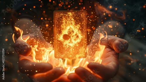 A hand holding a card with a heart on it and flames surrounding it