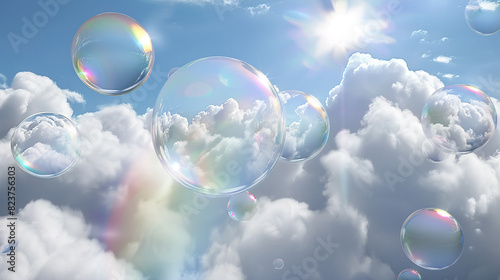 Spheres floating among clouds, casting rainbows in their bubbles, a hint of 5th dimension mystery, super realistic