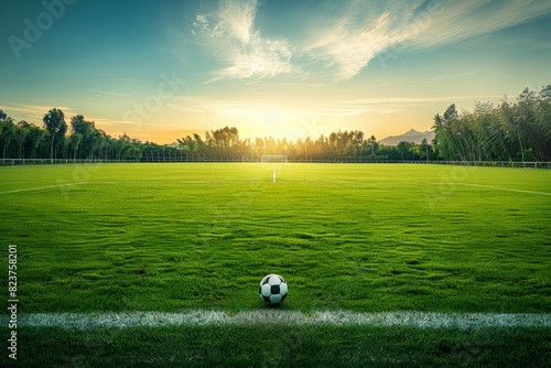 Serene Early Morning Soccer Field with Lone Ball at Penalty Spot - Perfect Goal Kick Moment for Sports Design