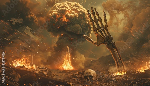 Atomic war with a nuclear bomb, a skeleton's hand on fire on the ground, a world conflict between nuclear powers. 