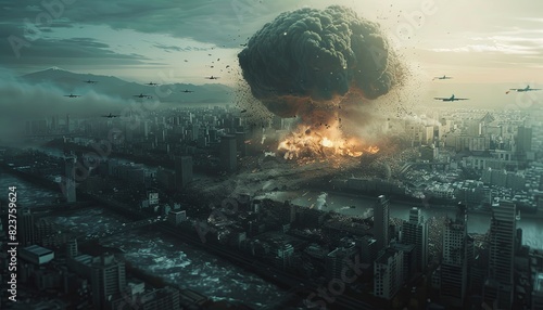 An atomic bomb explodes in the City, the silhouette of a metropolis in ruins, a world conflict between nuclear powers. 