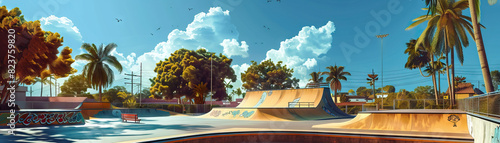 Skateboard Park: Focus on skateboard ramps, rails, and skate parks, showcasing the city's skateboarding culture and urban sports scene