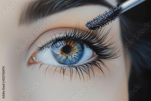 Mascara Application A close-up of an eye with a mascara wand lengthening and defining the lashes