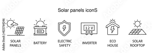 Solar panels icons set. solar energy flat simple for infographics design. Invertor, photovoltaic, energy outline vector, SVG vector illustration.