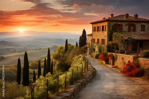 Golden sunset over rolling hills with a picturesque country house in tuscany, italy