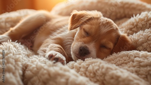 Close-up of a dozy puppy with floppy ears, lying on a soft cushion, A cute puppy peacefully sleeping on a cozy blanket, bathed in warm sunlight, exuding comfort and tranquility.
