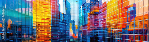 Skyscraper Reflections: Focus on skyscrapers reflecting in glass facades, creating a striking visual effect and showcasing the city's modern architecture