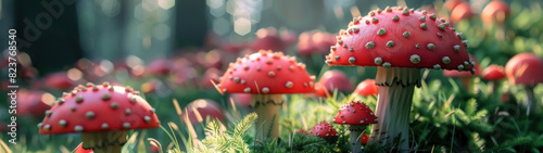 Magic Mushroom Kingdom, Vibrant Toadstool Patch, Enchanting Forest Floor Landscape